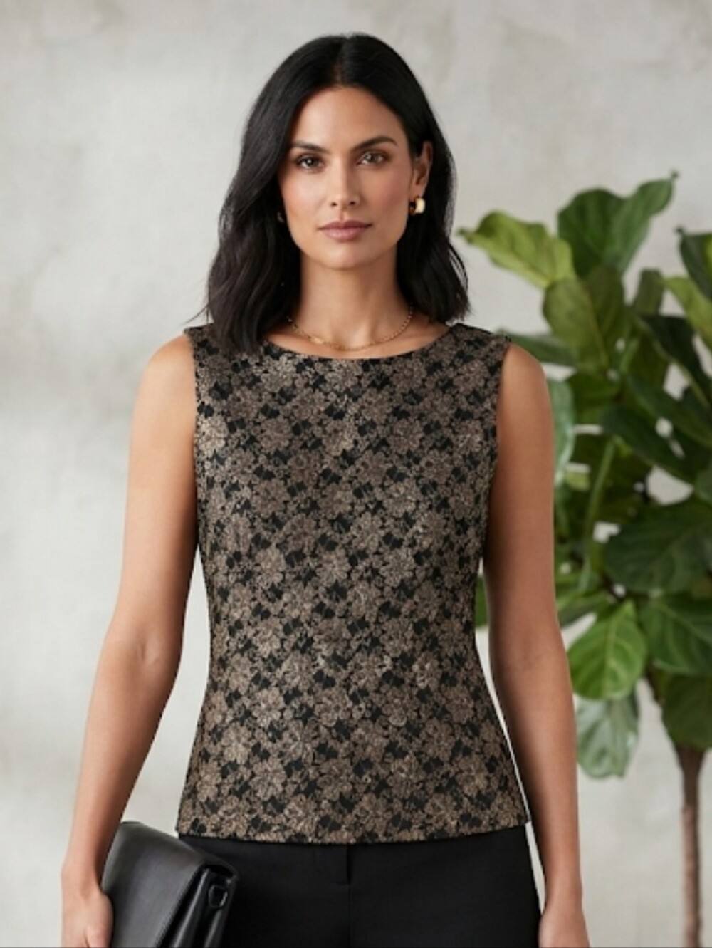 CDW Black Tank Top with Gold Metallic Lace Overlay
